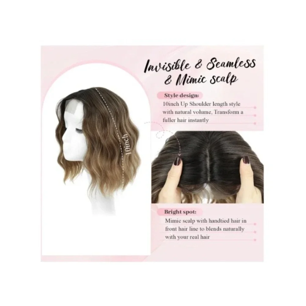 10 Inch Short Wavy Hair Topper Caramel Brown Dark Root Synthetic Wiglet 6.5x6.5